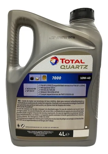 Aceite para motor Total semi-sintético 10W-40 QUARTZ 7000 para automóvil x 4L/1L